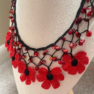 Flower Crochet Beaded Necklace, Daisy Bib Necklace, Lead and Nickle Free